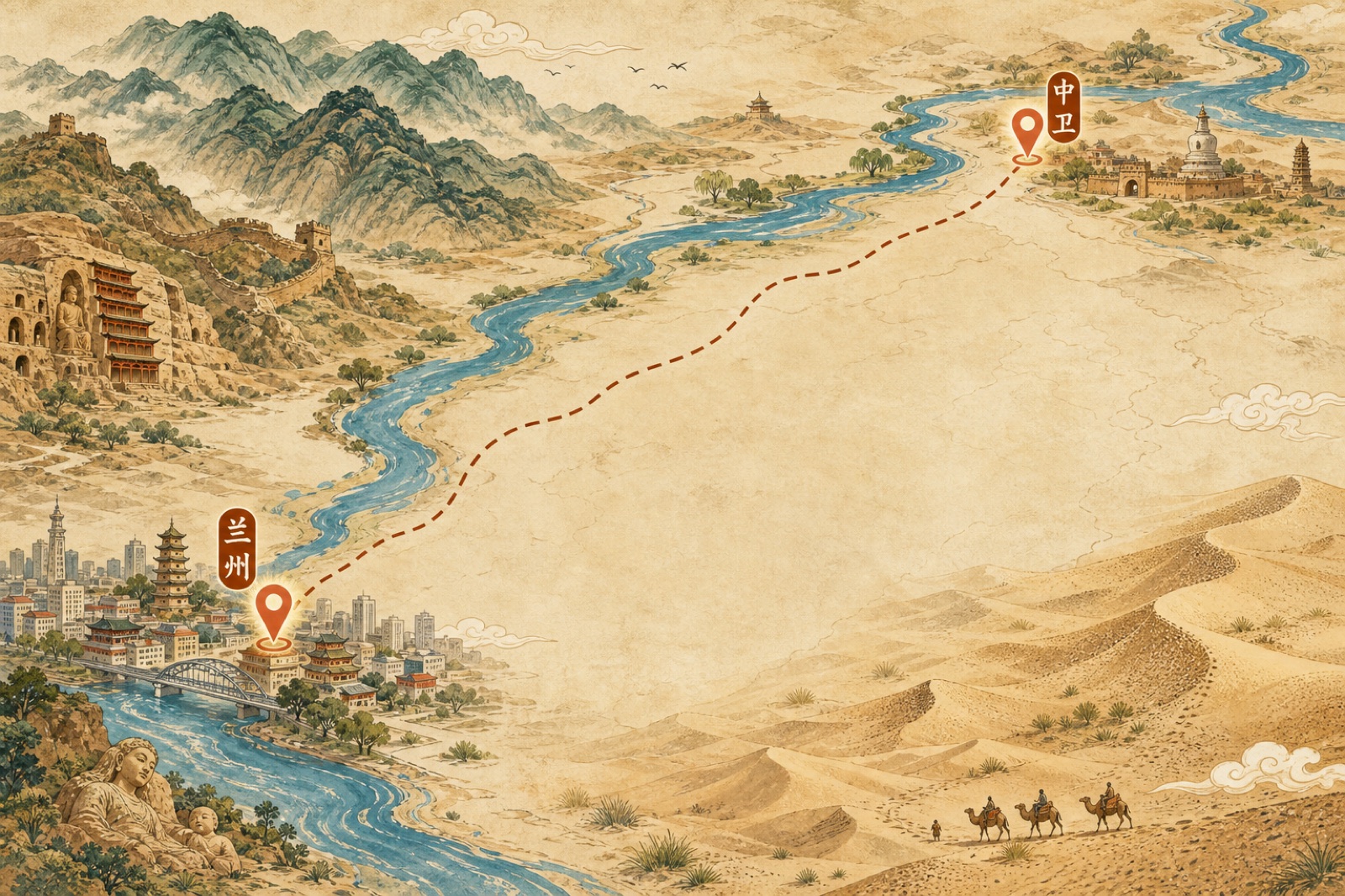 甘肃—宁夏手绘示意地图